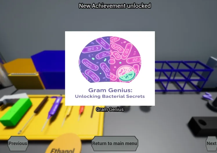 MicroVlabs achievement system showing progress badges in a virtual lab game